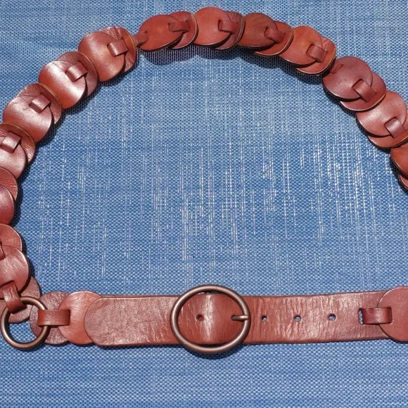Vintage FOSSIL Y2K Western Festival Boho Brown Leather Circles Tie Belt Size M Fossil Patchwork Leather Belt: Boho Hippie Y2K Style, Size L  main image 3